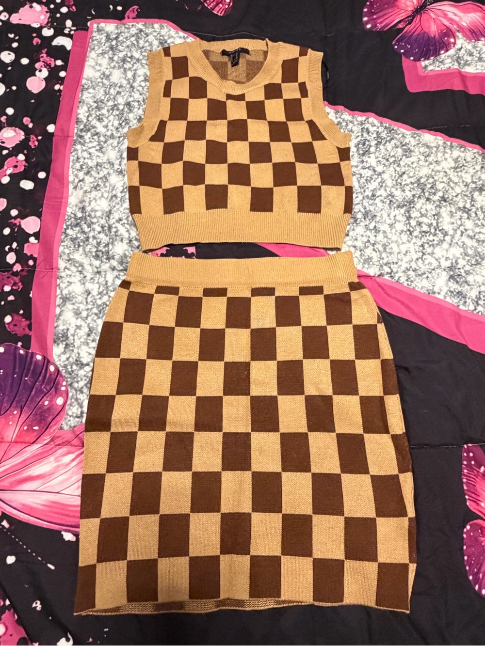 Forever 21 Checkerboard Knit Two Piece Set in Caramel and Chocolate